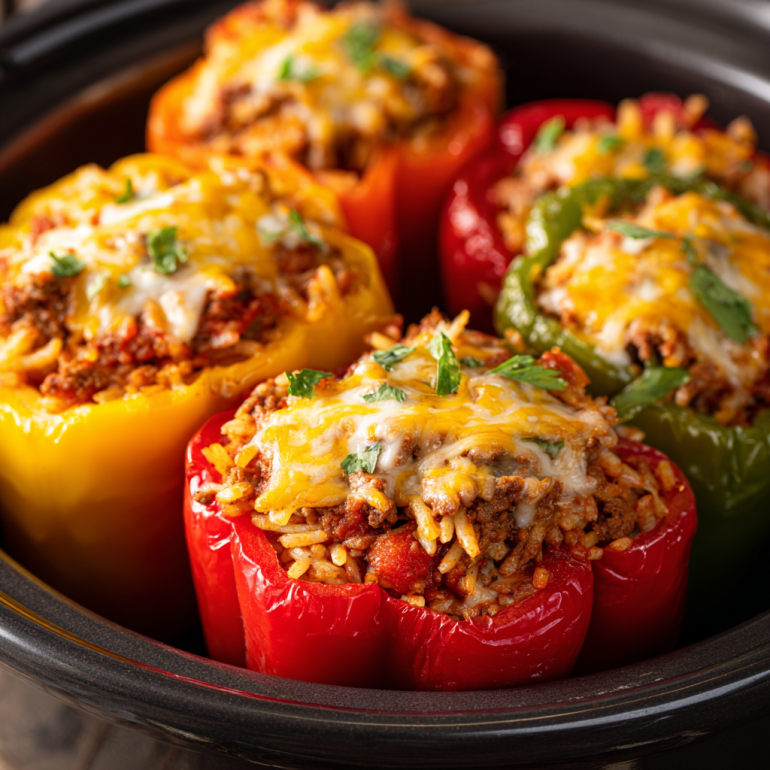 Slow cooker stuffed bell peppers filled with beef, rice, and tomato sauce.