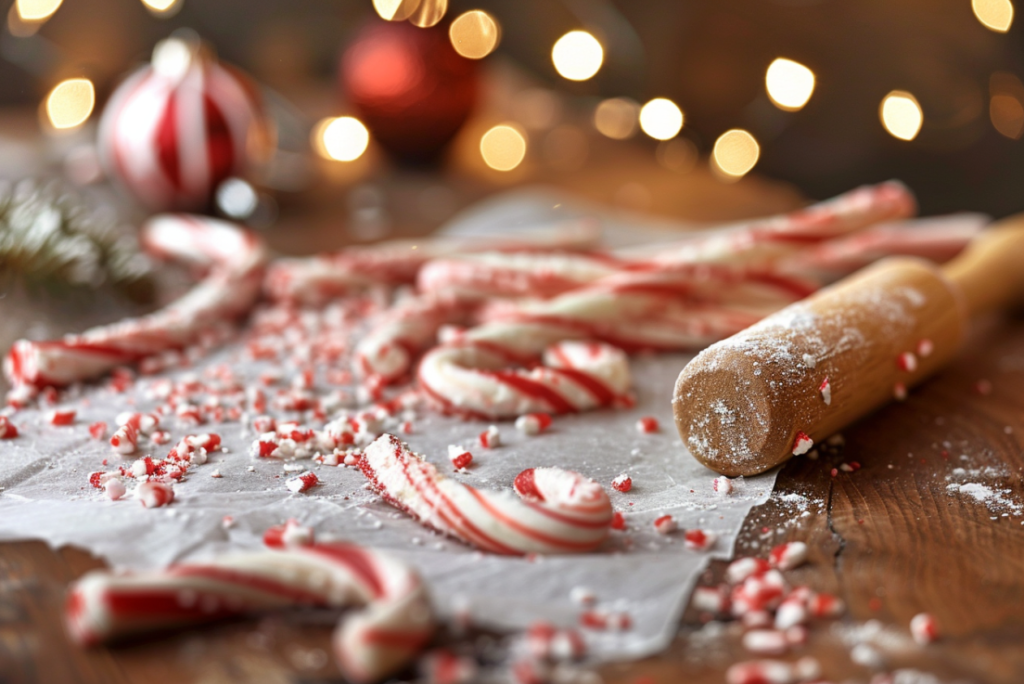 Crushed candy canes on parchment paper with red and white pieces scattered across the table.