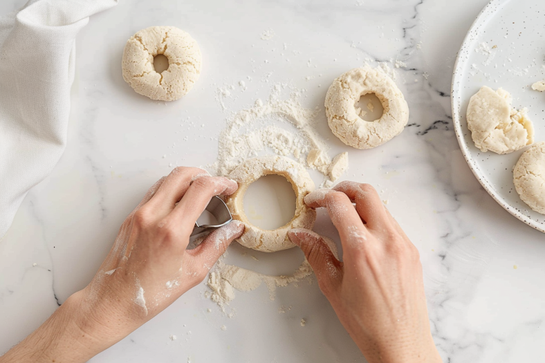Hands cutting center hole from biscuit dough with cookie cutter to make air fryer donuts