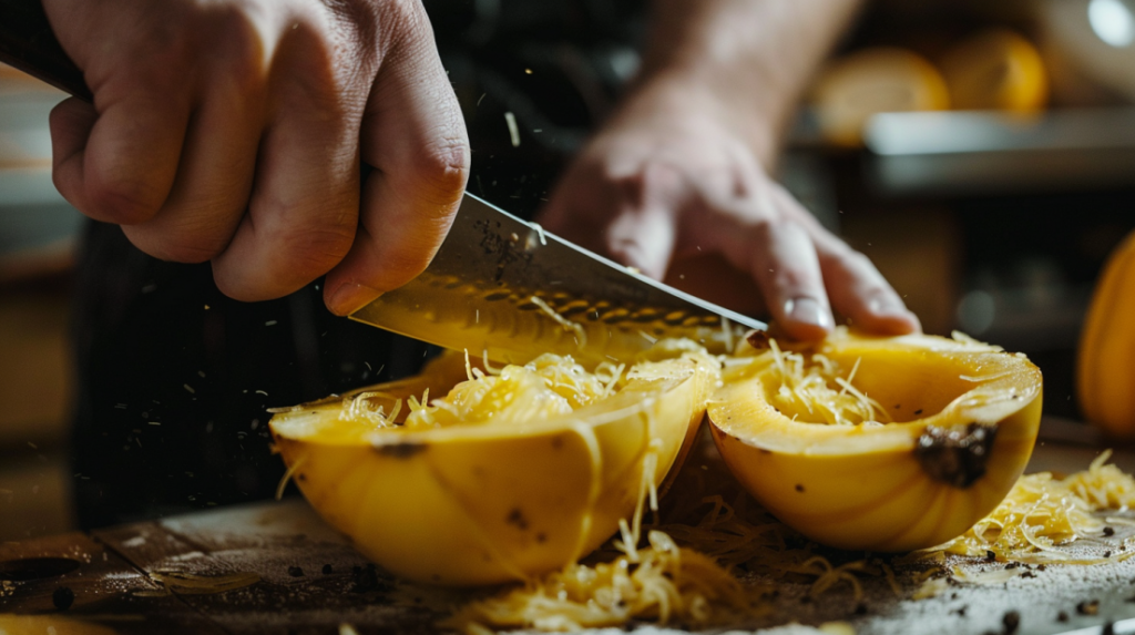 Cutting spaghetti squash in half lengthwise with chef knife