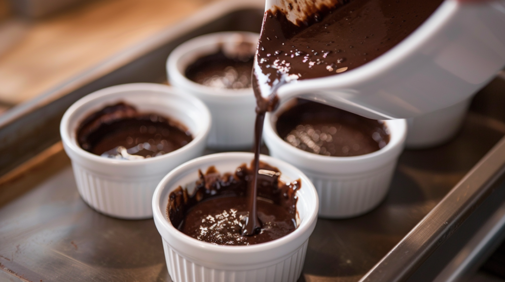Filling ramekins three-quarters full with chocolate lava cake batter
