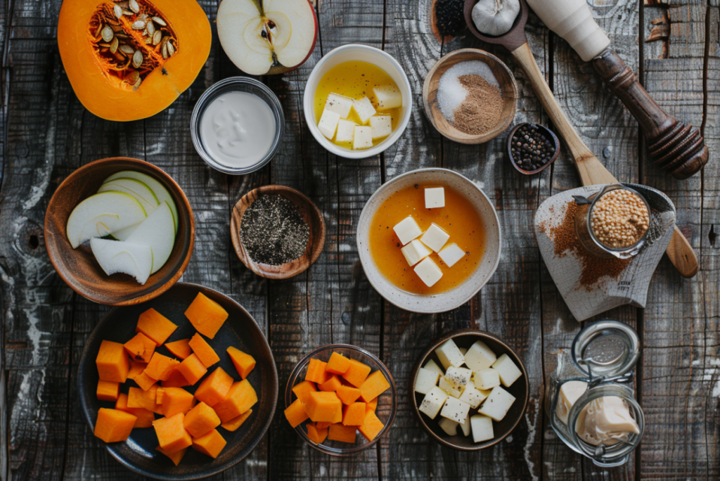 flat lay of ingredients for butternut squash and sweet potato soup