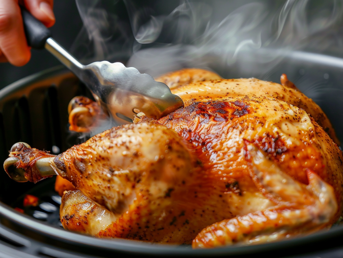 Flipping whole chicken breast-side up halfway through air fryer cooking time