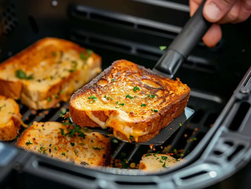 Using spatula to flip golden-brown grilled cheese sandwich in air fryer at halfway point
