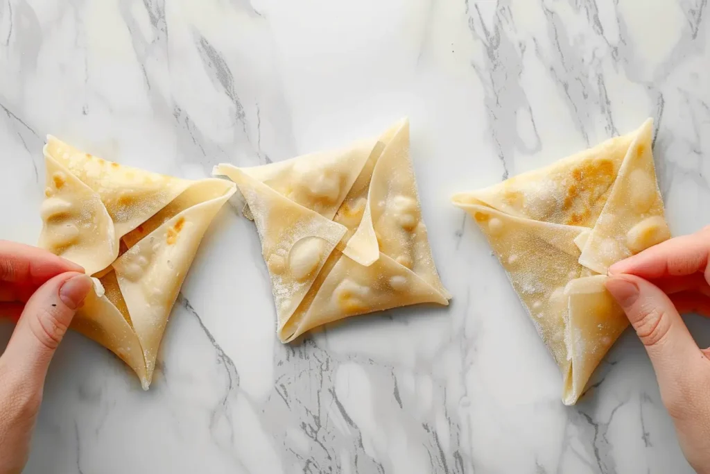 Step-by-step photos showing how to fold wonton wrappers for crab rangoon using triangle folding method
