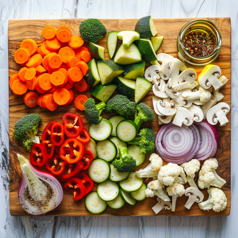 Fresh vegetables including zucchini, bell peppers, mushrooms, broccoli, and cauliflower for air frying