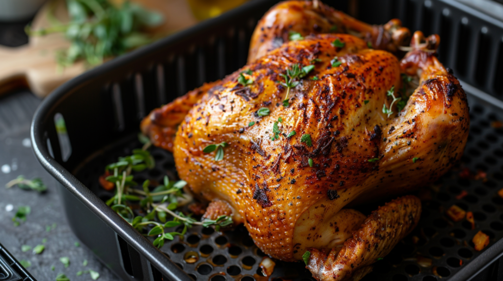 Perfectly golden air fryer roasted chicken with crispy skin in basket after cooking