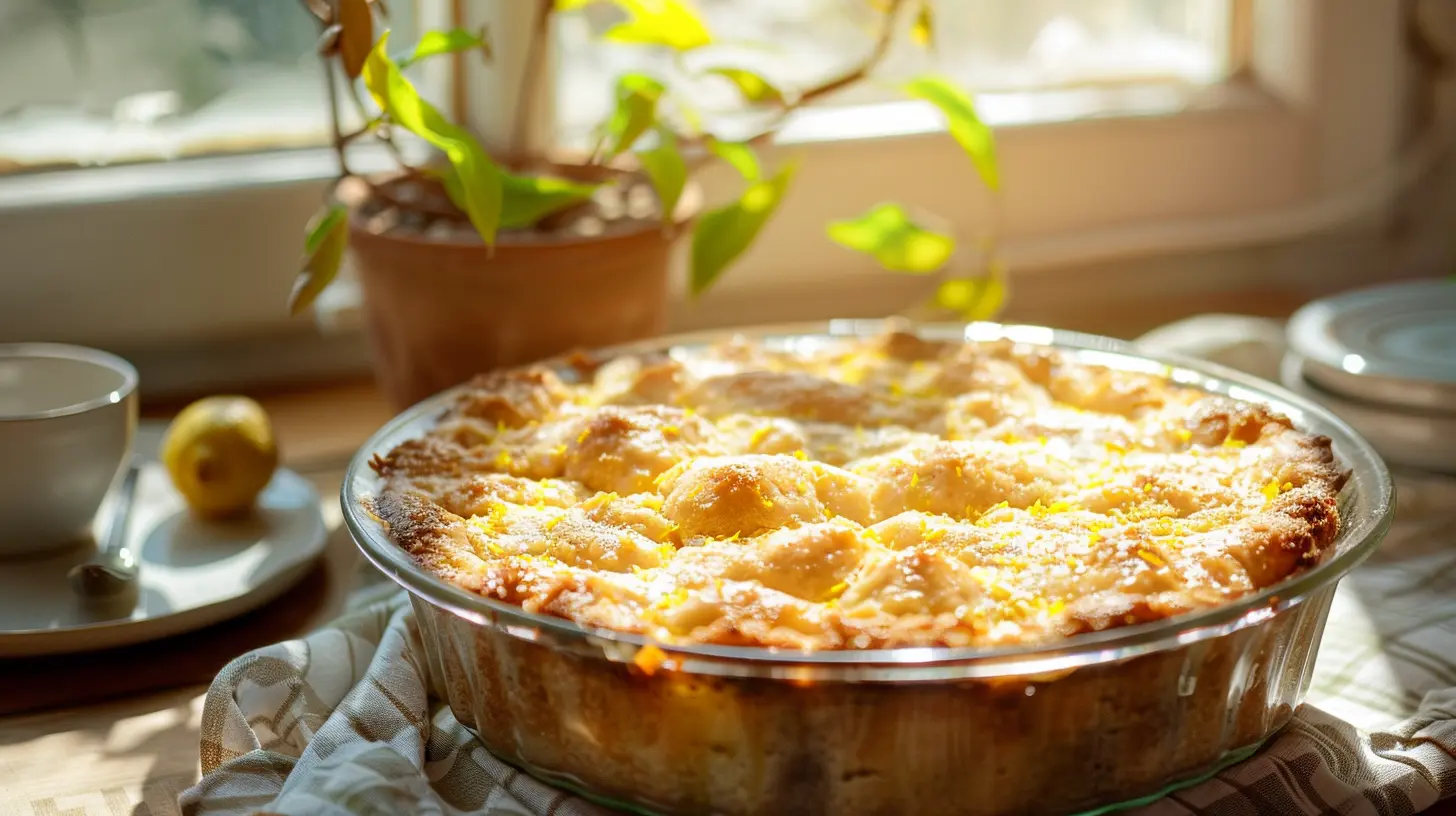 golden lemon dump cake, glossy buttery edges, fresh lemon zest, warm sunlight filtering through a kitchen window