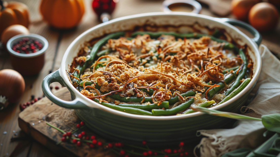 Classic green bean casserole in a baking dish with golden crispy onions on top.