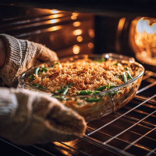 Green bean casserole being taken out of the oven with golden topping.