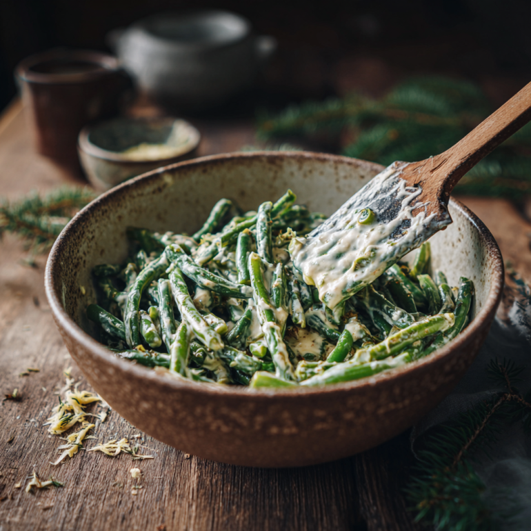 mixing green beans with creamy sauce in a bowl for green bean casserole.