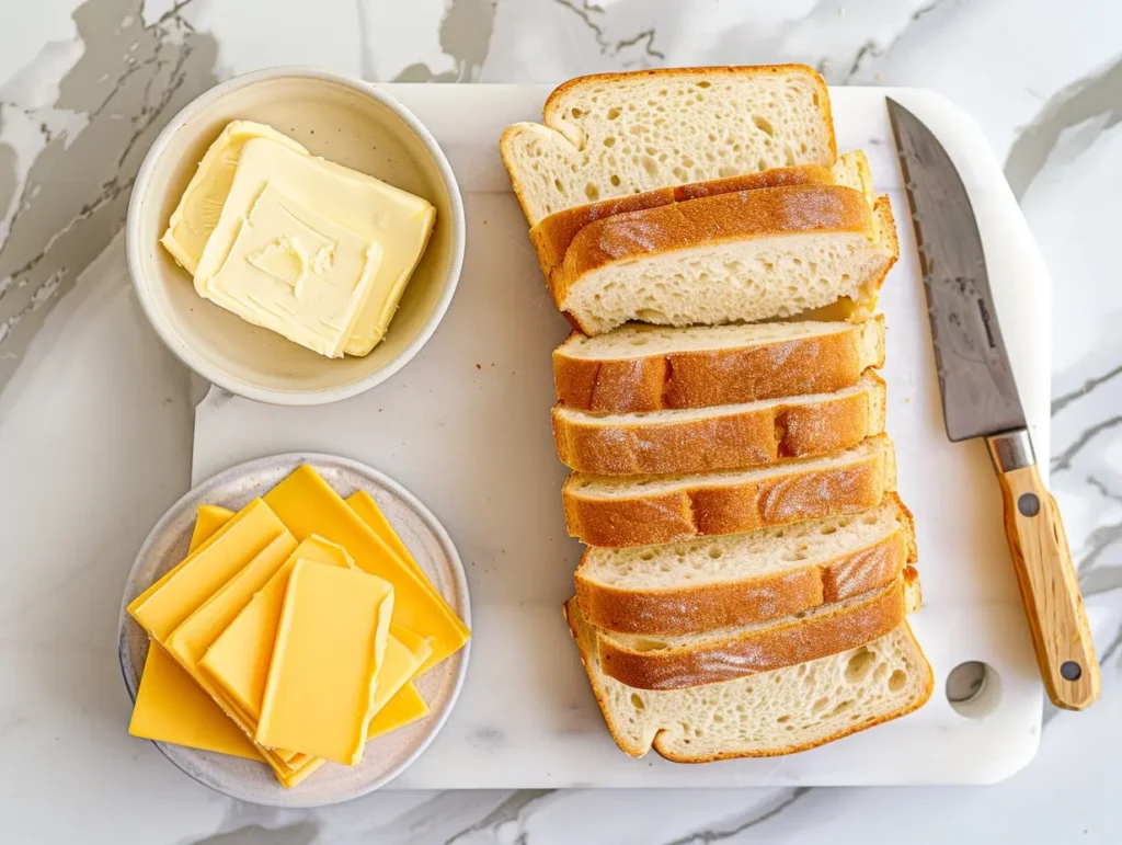 Simple ingredients for air fryer grilled cheese including bread, softened butter, and sliced cheddar cheese