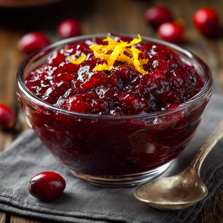 Homemade cranberry sauce in a bowl topped with orange zest under warm kitchen light.