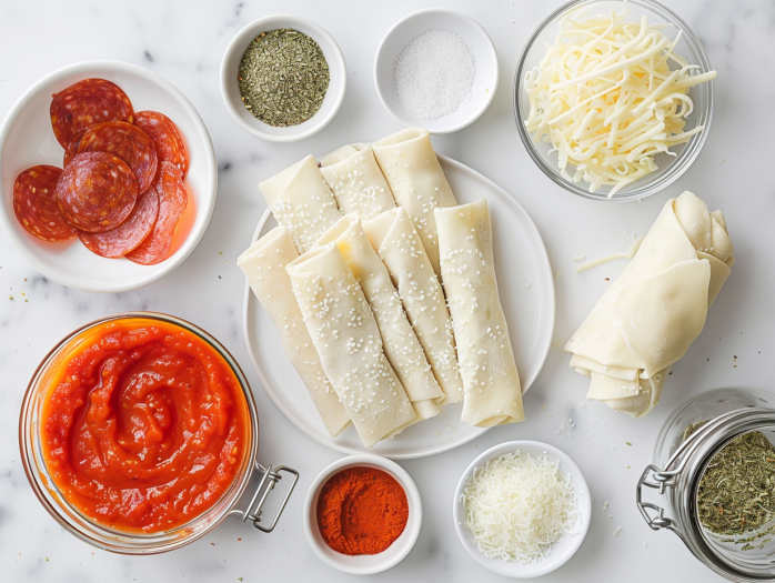 Ingredients for homemade pizza rolls including egg roll wrappers, mozzarella cheese, pepperoni, pizza sauce, and seasonings