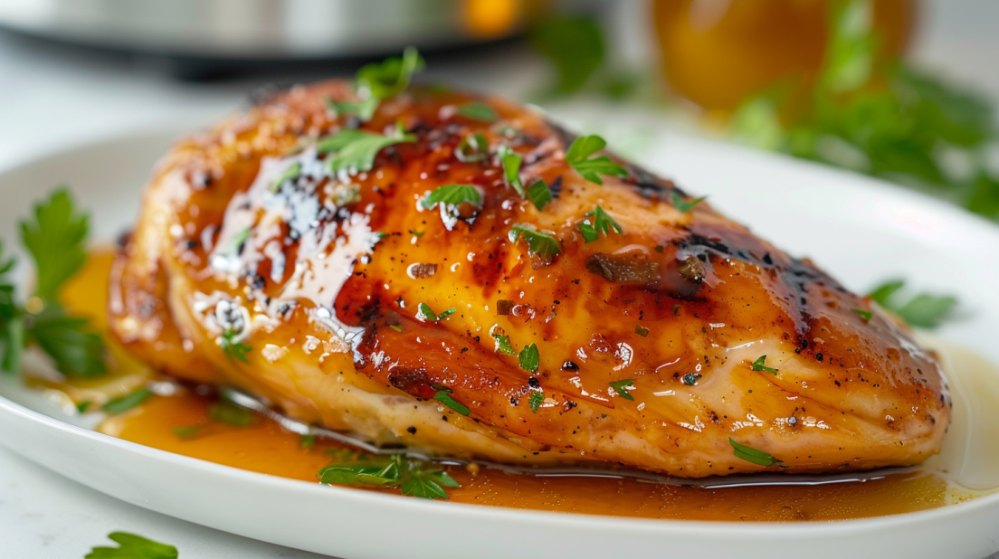 Honey mustard air fryer chicken with golden caramelized glaze on white plate garnished with fresh parsley