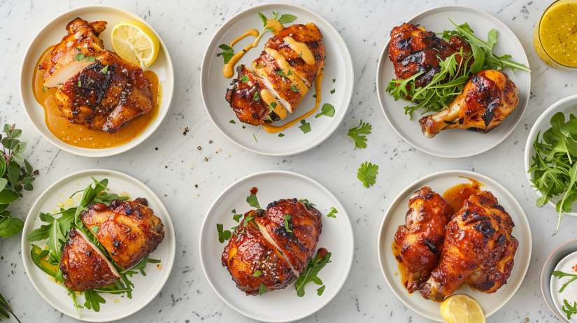 Four honey mustard air fryer chicken variations displayed side by side including classic, spicy, lemon herb, and BBQ styles