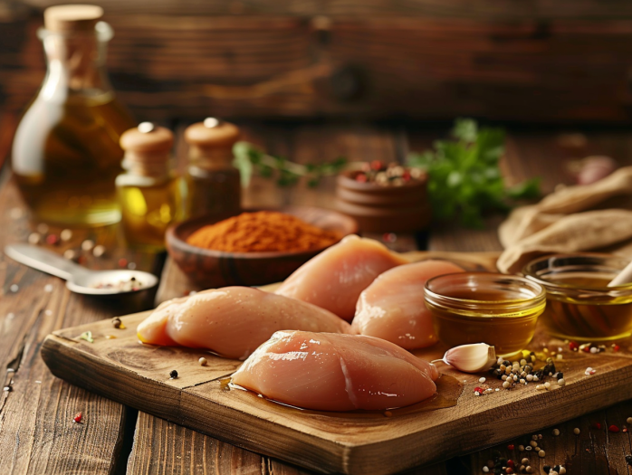 Raw chicken breasts with honey mustard glaze ingredients including Dijon mustard, honey, and spices on wooden cutting board