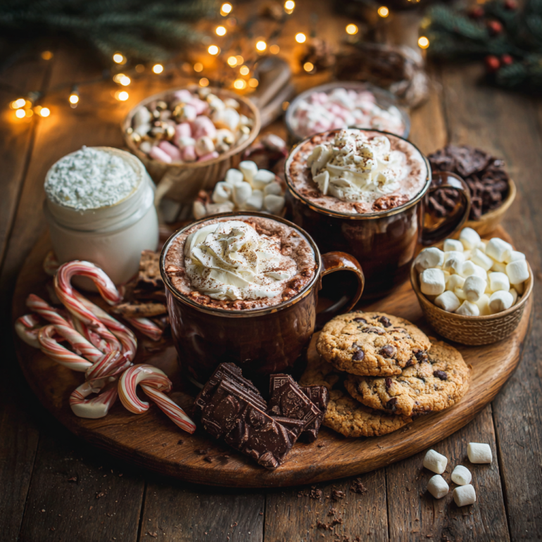 Hot chocolate charcuterie board with mugs of cocoa, marshmallows, cookies, and candy canes on a wooden table