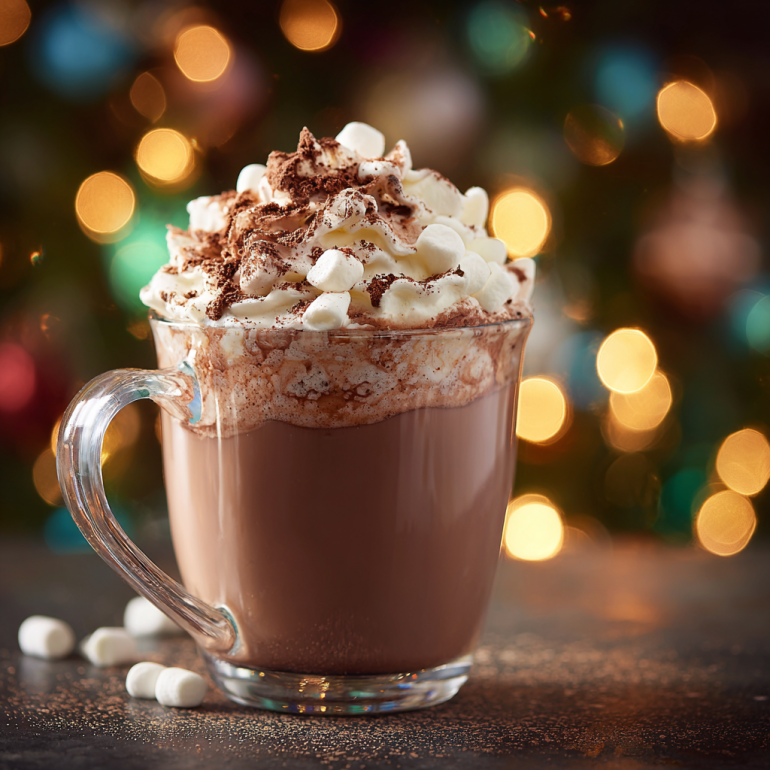 Close-up of mug of hot chocolate topped with whipped cream and marshmallows.