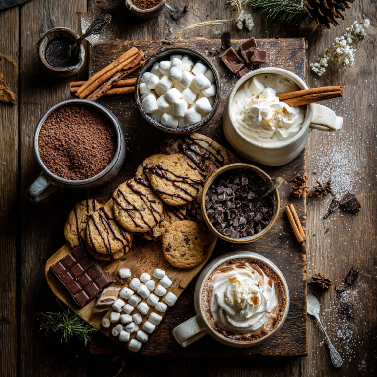 Ingredients for hot chocolate charcuterie board laid out on a rustic kitchen counter.