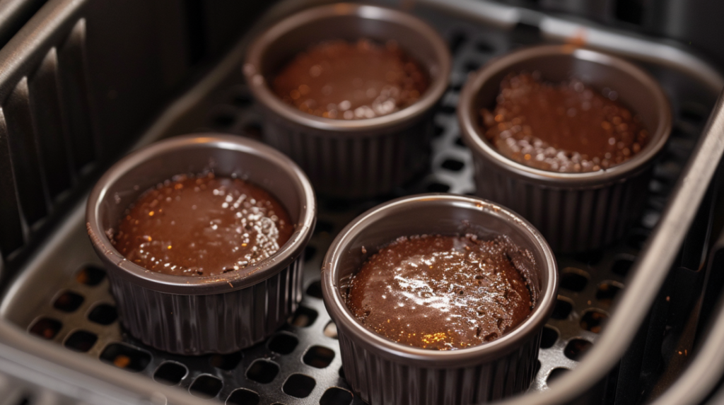 Chocolate lava cakes cooking in air fryer basket at 370°F