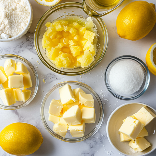 Lemon curd filling ingredients including sugar, cornstarch, lemon juice, and egg yolks