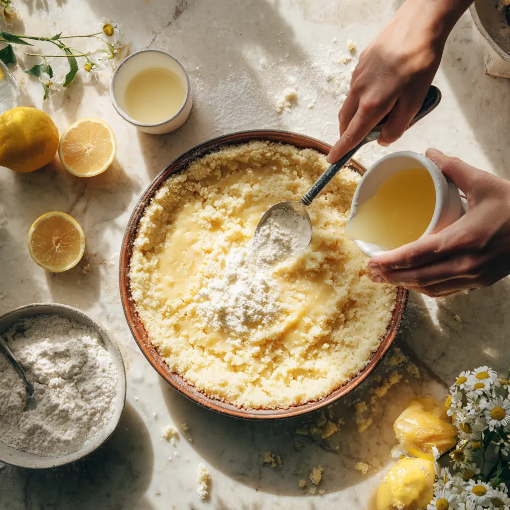Hand pouring melted butter over dry cake mix and lemon pie filling in baking dish