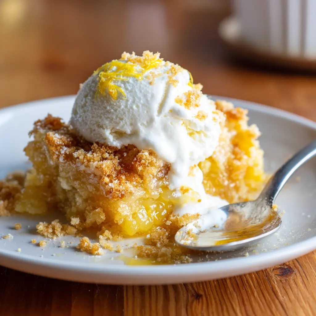 Slice of warm lemon dump cake topped with melting vanilla ice cream on a white plate