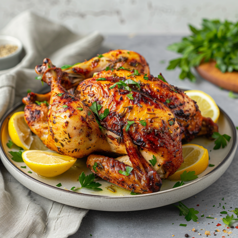 Lemon garlic air fryer roasted chicken variation with fresh herbs and citrus