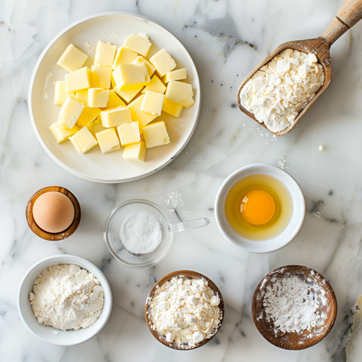 Pie crust ingredients including cold butter, flour, sugar, and egg yolk for lemon meringue pie