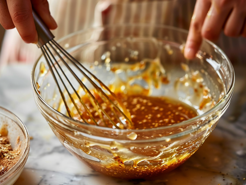 Whisking honey mustard glaze in glass bowl showing glossy golden mixture with visible mustard seeds