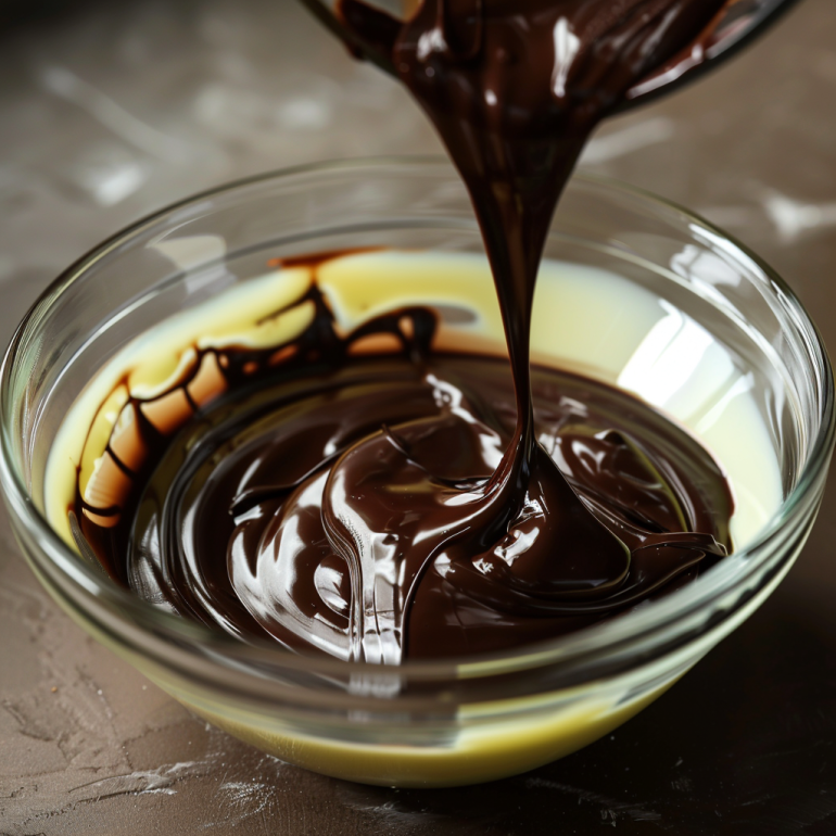 Melted dark chocolate and butter mixture for lava cake batter