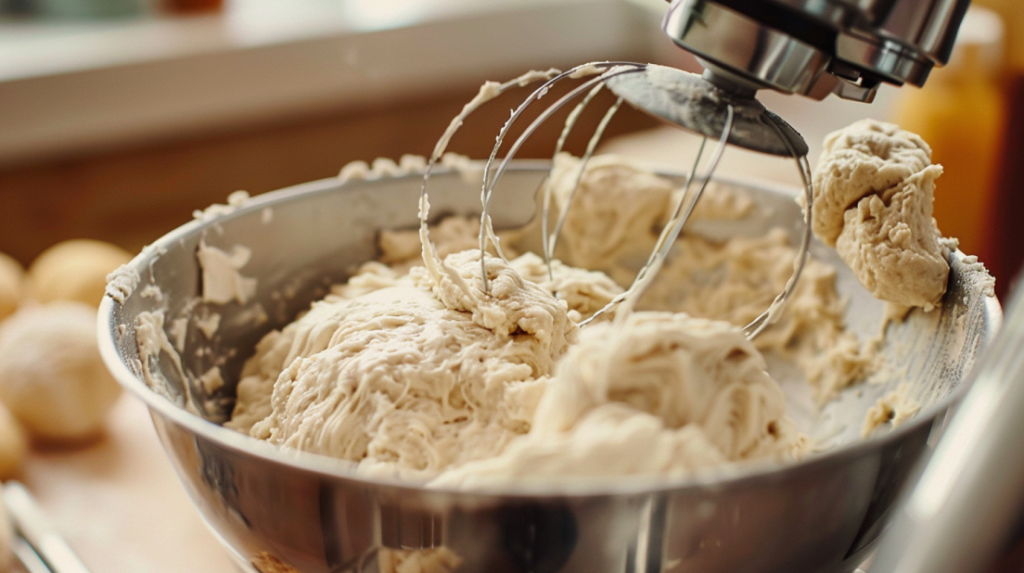 Mixing pizza dough in stand mixer with dough hook until shaggy texture forms