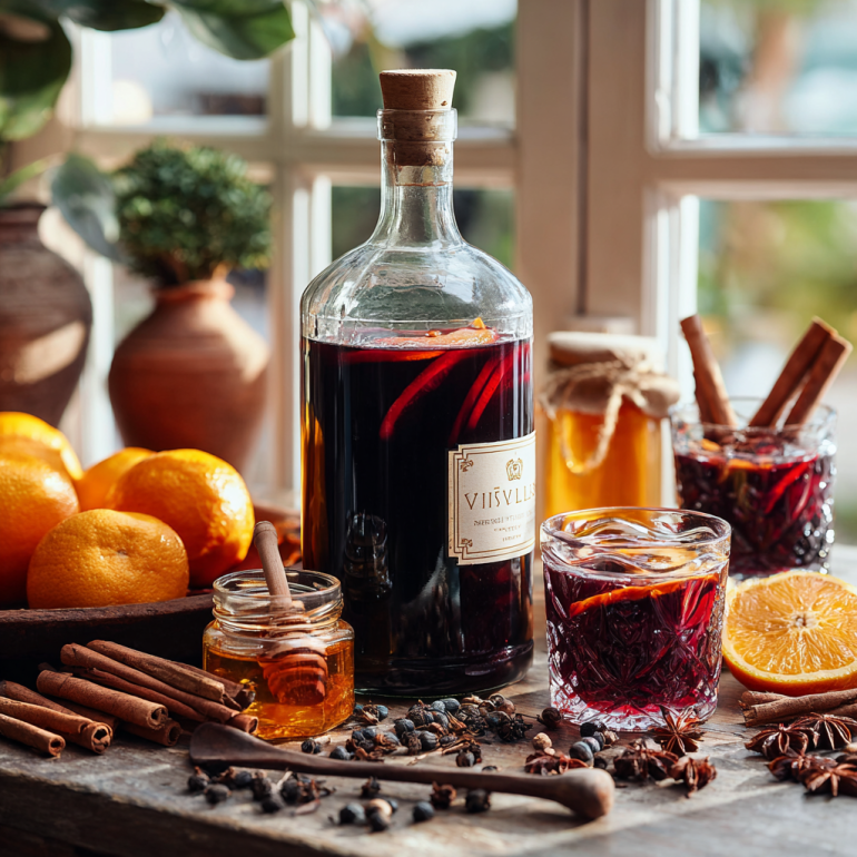 Flat lay of mulled wine ingredients arranged on a rustic kitchen counter.