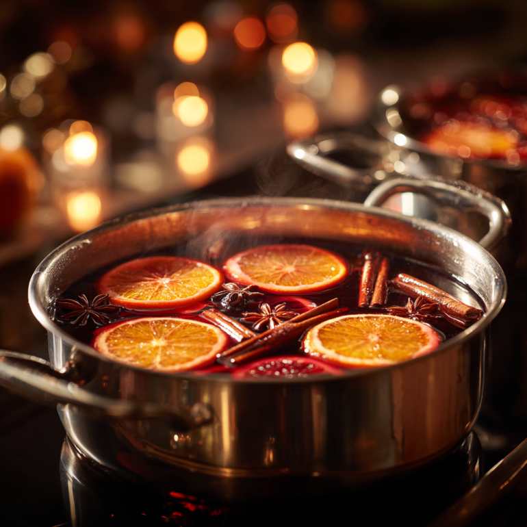 Pot of mulled wine simmering with oranges and spices under warm light.