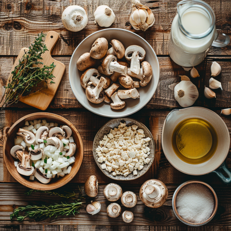 Complete ingredients for mushroom soup including mixed mushrooms, onion, garlic, thyme, and stock