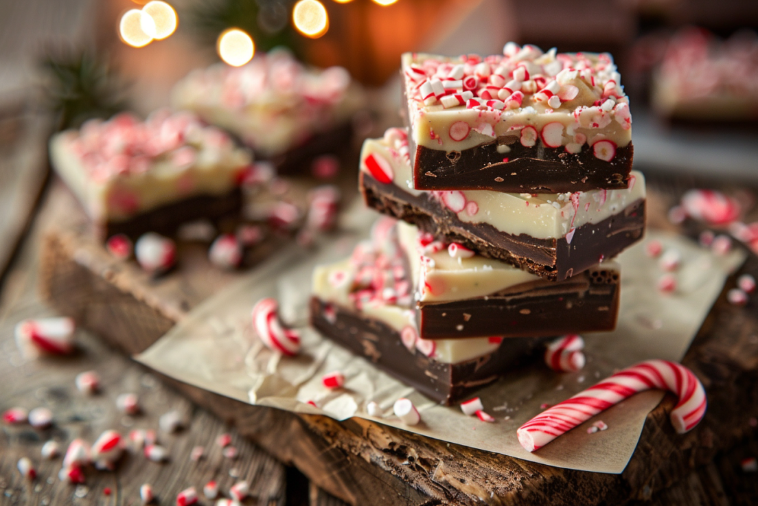 Stacked squares of Peppermint Bark Fudge with crushed candy canes and soft holiday lights in the background.