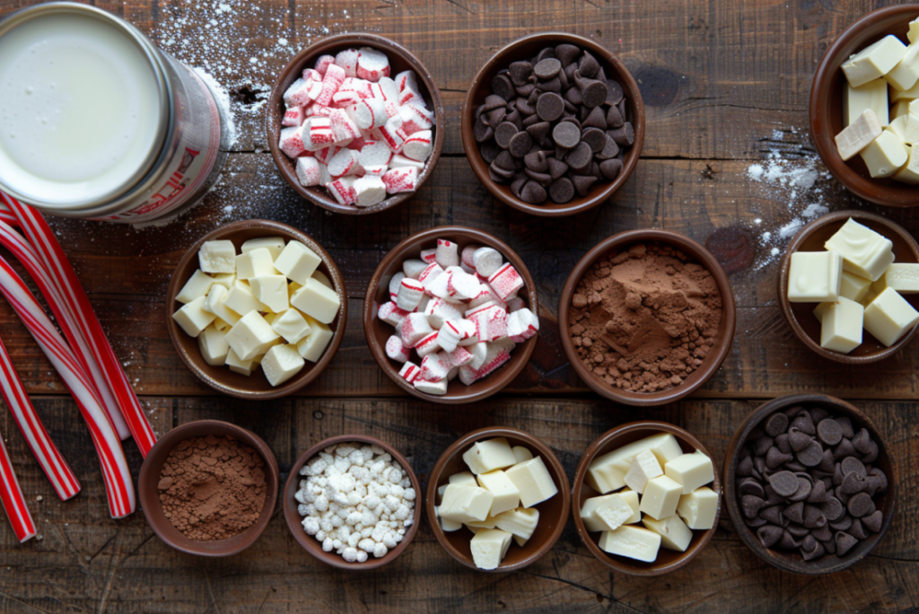 Flat lay of chocolate chips, condensed milk, butter, and crushed candy canes for Peppermint Bark Fudge.