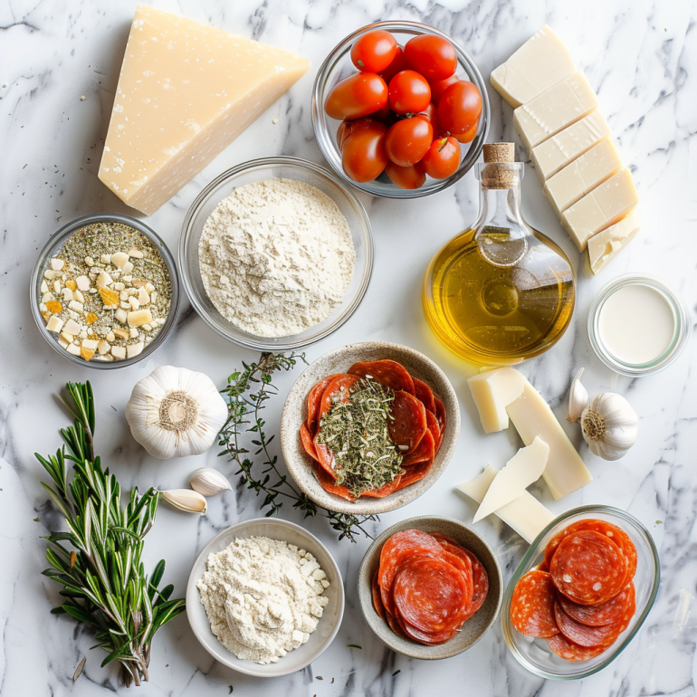 Complete ingredients for homemade pepperoni pizza including flour, yeast, cheese, and pepperoni