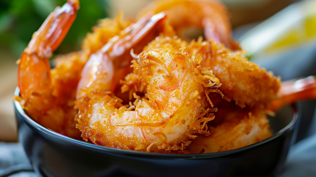 Perfectly golden-brown coconut shrimp fresh from air fryer with crispy coating