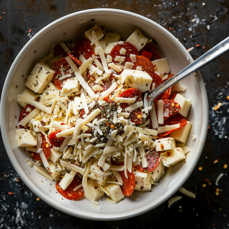 Cheese and seasoning mixture for air fryer pizza roll filling in bowl