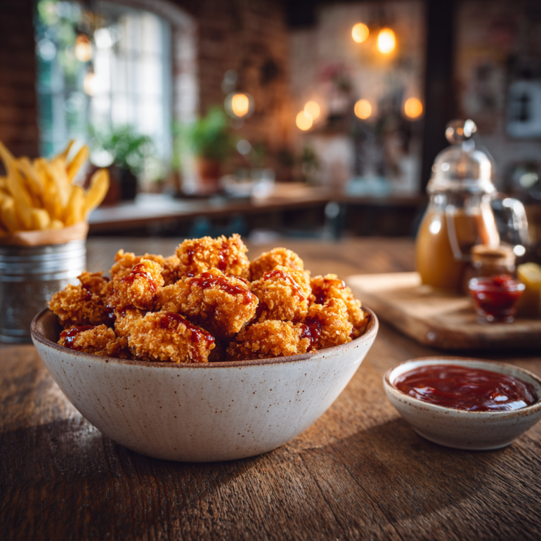 Friends sharing a bowl of popcorn chicken and dipping into sauce at a kitchen table.