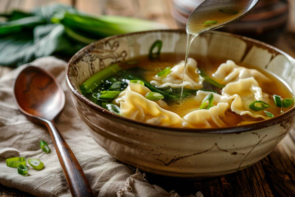 Potsticker soup into a ceramic bowl