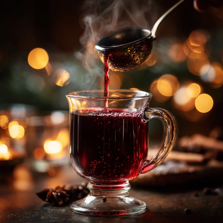 Pouring steaming mulled wine into a glass mug with holiday lights in background.