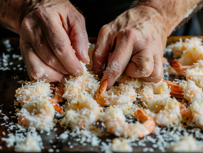 Pressing coconut-panko coating firmly onto shrimp for maximum crunch
