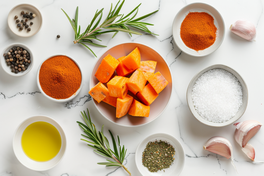 Flat lay of cubed sweet potatoes, spices, and oil arranged neatly on a marble counter.