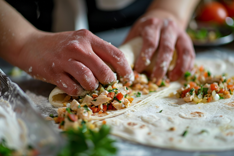 Hands rolling flour tortilla with chicken filling showing proper taquito rolling technique