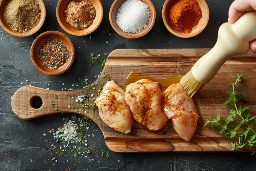 Chicken breast on wooden cutting board with olive oil and seasoning blend bowls for air fryer preparation