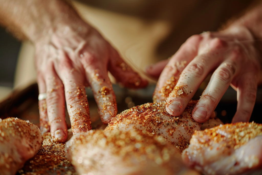 Hands rubbing seasoning blend onto chicken drumsticks showing proper coating technique