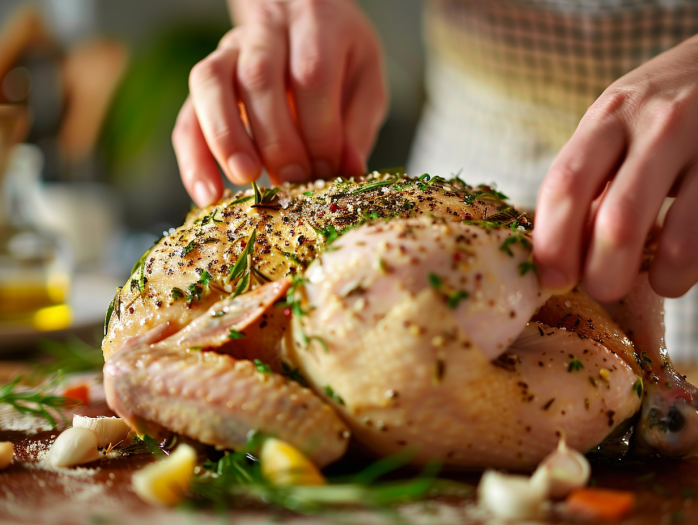 Rubbing herb seasoning blend all over whole chicken before air frying
